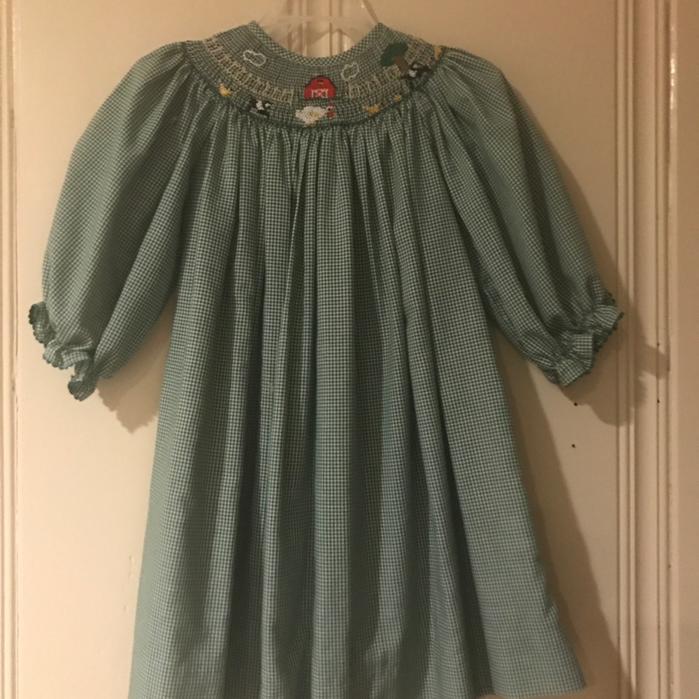 Green and white gingham smocked dress